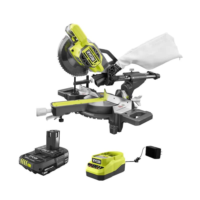 Sierra ingleteadora deslizante compuesta sin cable de 18V RYOBI ONE+ de 7-1/4 pulgadas con batería de 2.0 Ah y cargador - PBT01B-PSK005