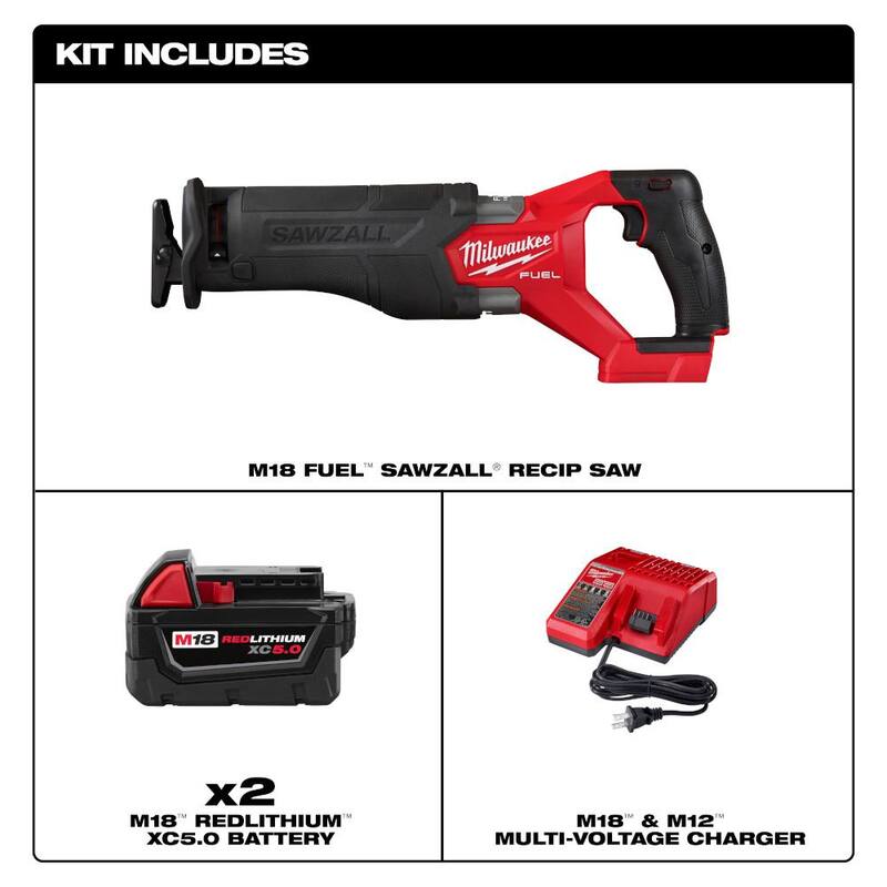 Sierra reciproca inalámbrica Milwaukee M18 FUEL GEN-2 de 18V de ion de litio sin escobillas SAWZALL con dos baterías de 5.0Ah y cargador - 2821-20-48-59-1852B