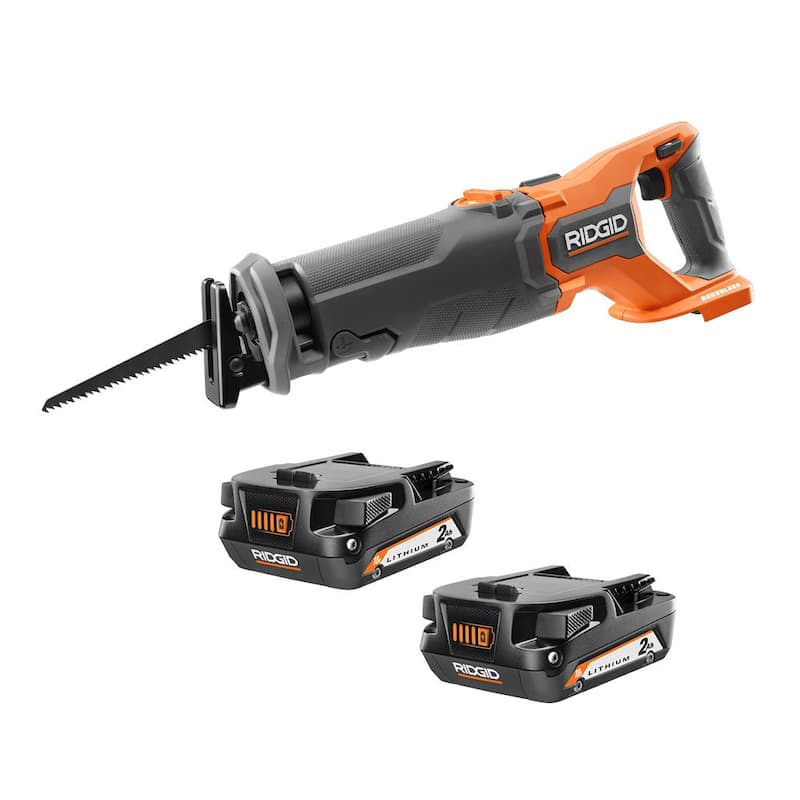 Baterías de ion litio compactas RIDGID 18V 2.0 Ah (paquete de 2) con sierra reciproca inalámbrica de 18V sin escobillas - AC8400802P-R8647B.