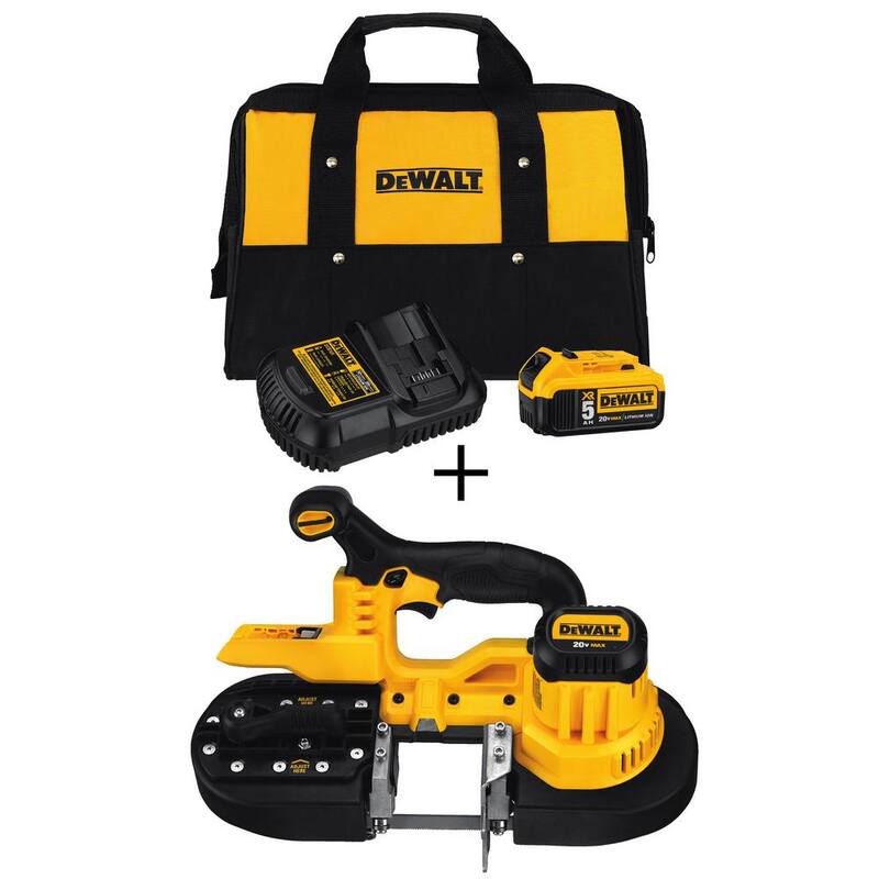 Sierra de banda inalámbrica DEWALT 20V MAX, (1) batería de iones de litio XR Premium de 20V MAX 5.0Ah, cargador y bolsa de kit - DCB205CKW371B