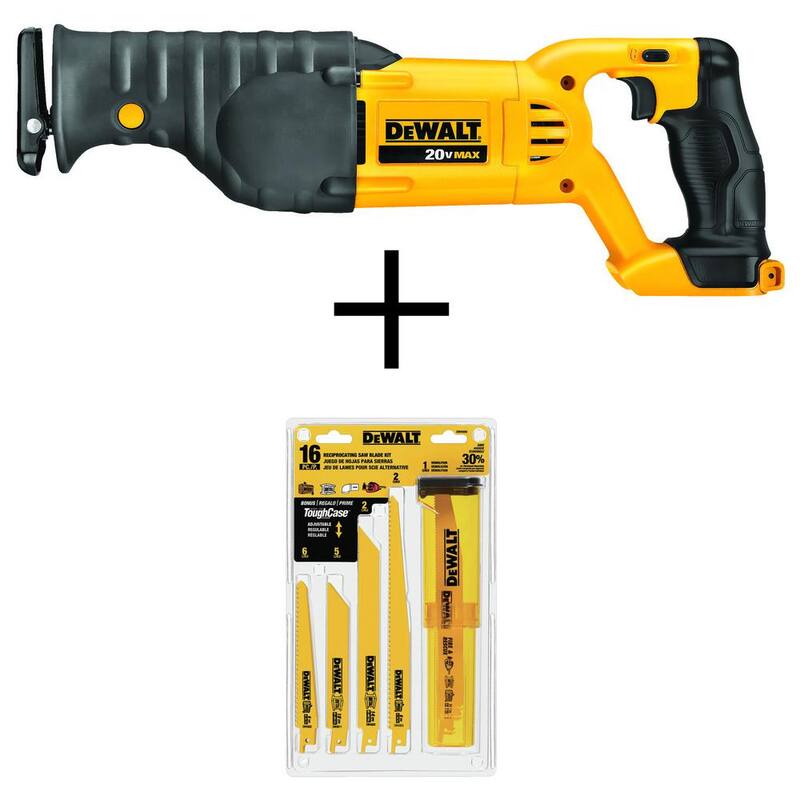Sierra reciproca inalámbrica DEWALT 20V MAX (herramienta únicamente) y set de hojas bimetálicas para sierra reciproca (16 piezas) - DCS380BWDW4899.