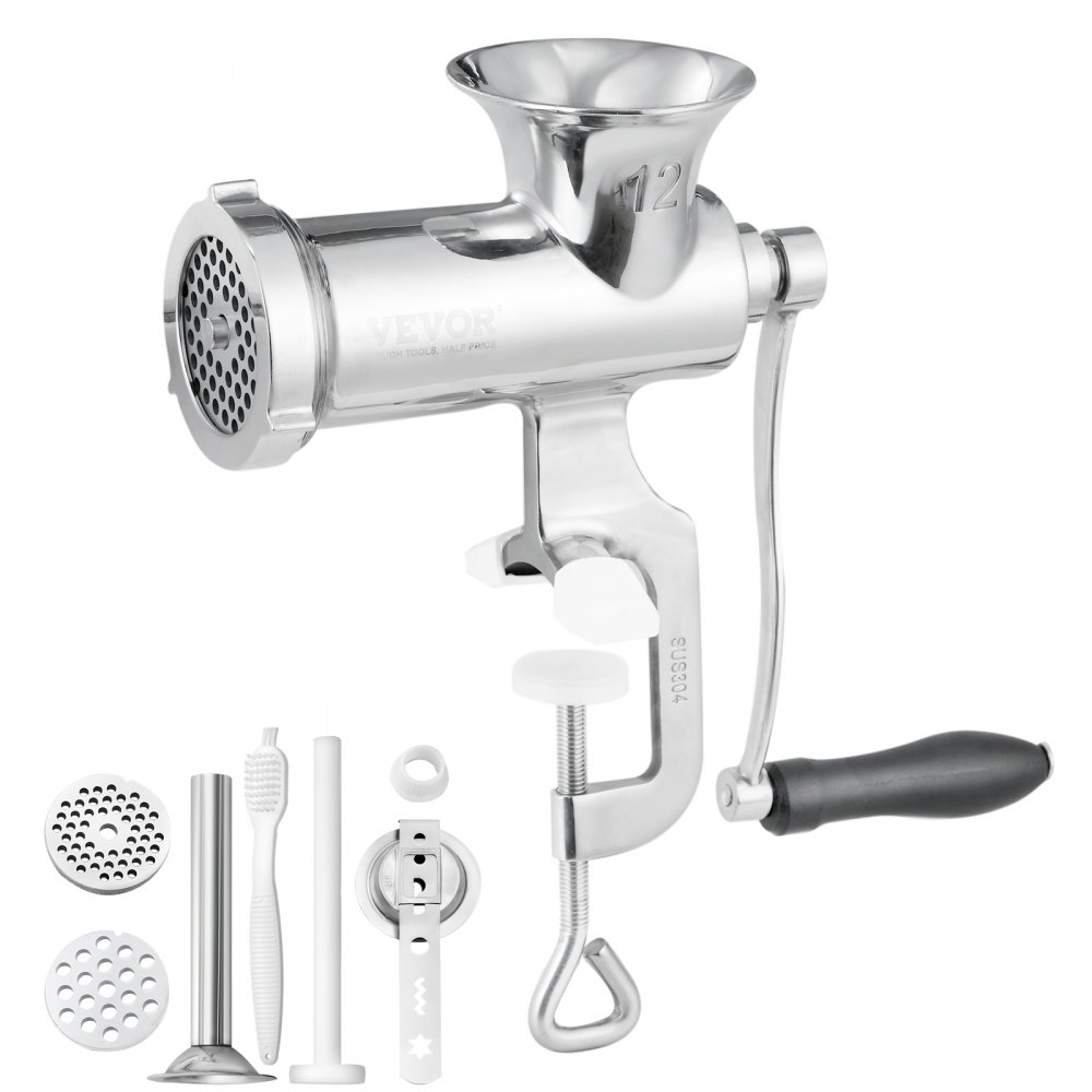 VEVOR Manual Meat Grinder, 304 Stainless Steel Hand Meat Grinder with Steel Table Clamp, Meat Mincer Sausage Maker & 2 Cutting Plates, Cookie Attachment, Sausage Tube for Beef Pepper Mushroom Cookie - BXGSDJRJYS30TU4B1V0