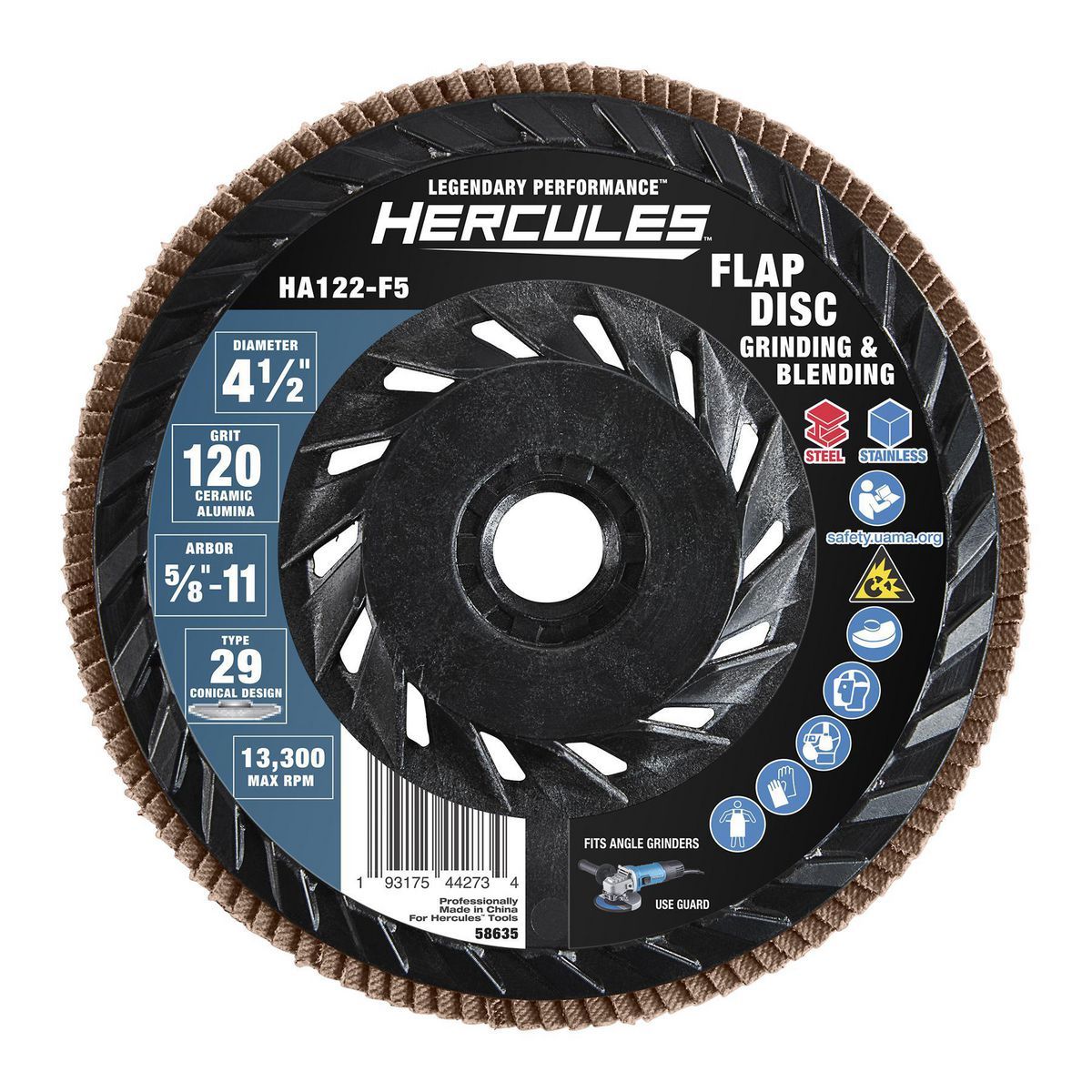 Disco de láminas tipo 29 Hercules de 4-1/2 pulgadas x 5/8 pulgadas-11 de grano 120 con respaldo de plástico y grano cerámico - 58635.