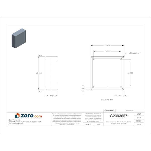 Wiegmann Carbon Steel Electrical Enclosures, 18 in H, 6 in D, 18 in W, NEMA 1, Screw On - SC181806GNK