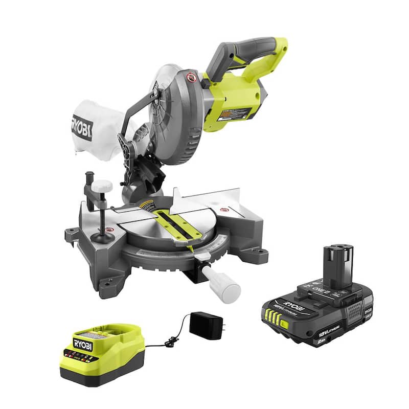 RYOBI ONE+ 18V Sierra Inglete Compuesta Inalámbrica de 7-1/4 pulgadas con Batería de 2.0 Ah y Cargador - P553-PSK005