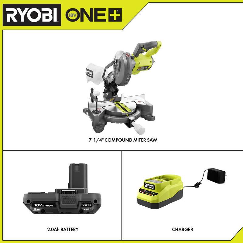 RYOBI ONE+ 18V Sierra Inglete Compuesta Inalámbrica de 7-1/4 pulgadas con Batería de 2.0 Ah y Cargador - P553-PSK005