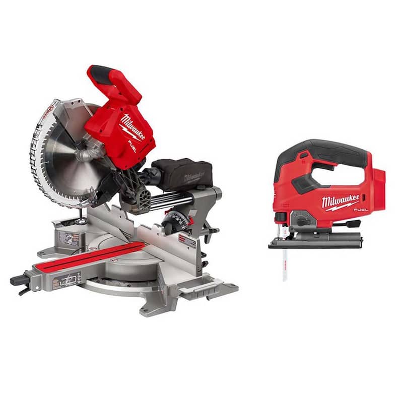 Sierra ingleteadora compuesta deslizante de doble bisel sin cable de 12 pulgadas con sierra caladora Milwaukee M18 FUEL 18V de iones de litio Brushless - 2739-20-2737-20.