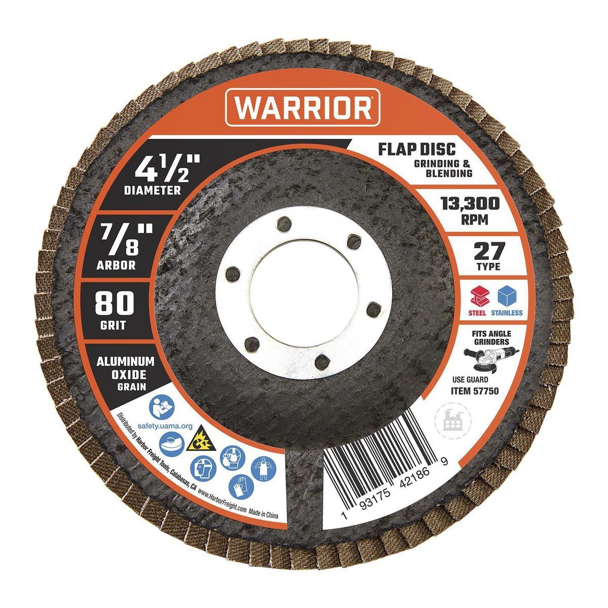 Disco de láminas tipo 27 de 80 granos con respaldo de fibra de vidrio y grano de óxido de aluminio de Guerrero 4-1/2 in. x 7/8 in. - 57750