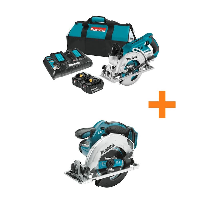Sierra circular inalámbrica Makita 18V X2 LXT 5.0 Ah (36V) sin escobillas con mango trasero de 7-1/4 pulgadas - kit XSR01PT-XSS02Z con sierra circular adicional de 18V LXT de 6-1/2 pulgadas.