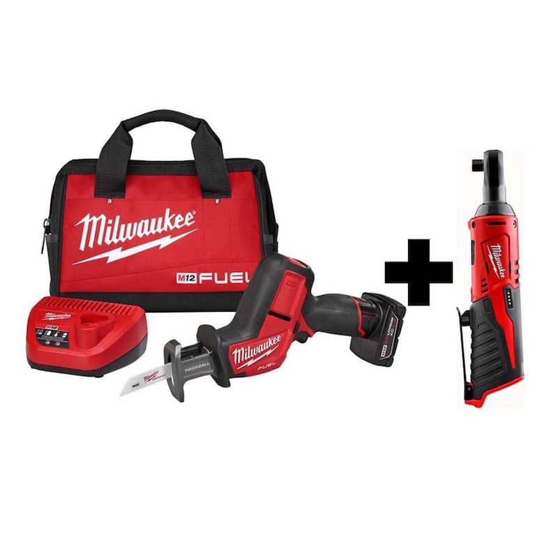 Sierra alternante inalámbrica Milwaukee M12 FUEL 12V de litio-ion sin escobillas HACKZALL Kit con Ratchet de 3/8 de pulgada M12 - 2520-21XC-2457-20