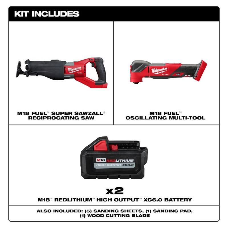 Milwaukee M18 FUEL Sierra de sable recíproca inalámbrica y sin escobillas de 18V Lith-Ion con Multi-Herramienta y (2) baterías de alto rendimiento de 6.0Ah - 2722-20-2836-20-48-11-1862