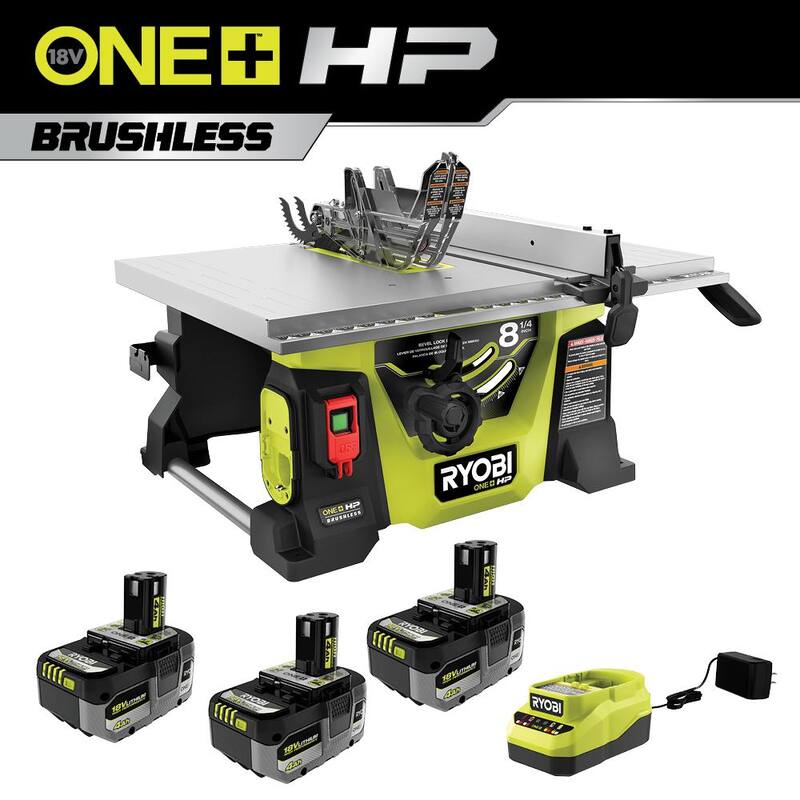 RYOBI ONE+ HP 18V Sierra de mesa compacta y portátil para sitio de trabajo inalámbrica sin escobillas de 8-1/4 in. Kit con (3) Baterías de 4.0 Ah y Cargador - PBLTS01K-PBP004