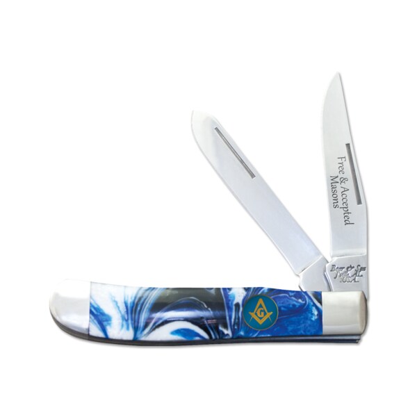 Bear & Sons Cutlery 2023 Bear 3 1/2' Blue & White Masonic Trapper With 4 Color Box - BEA-S907M