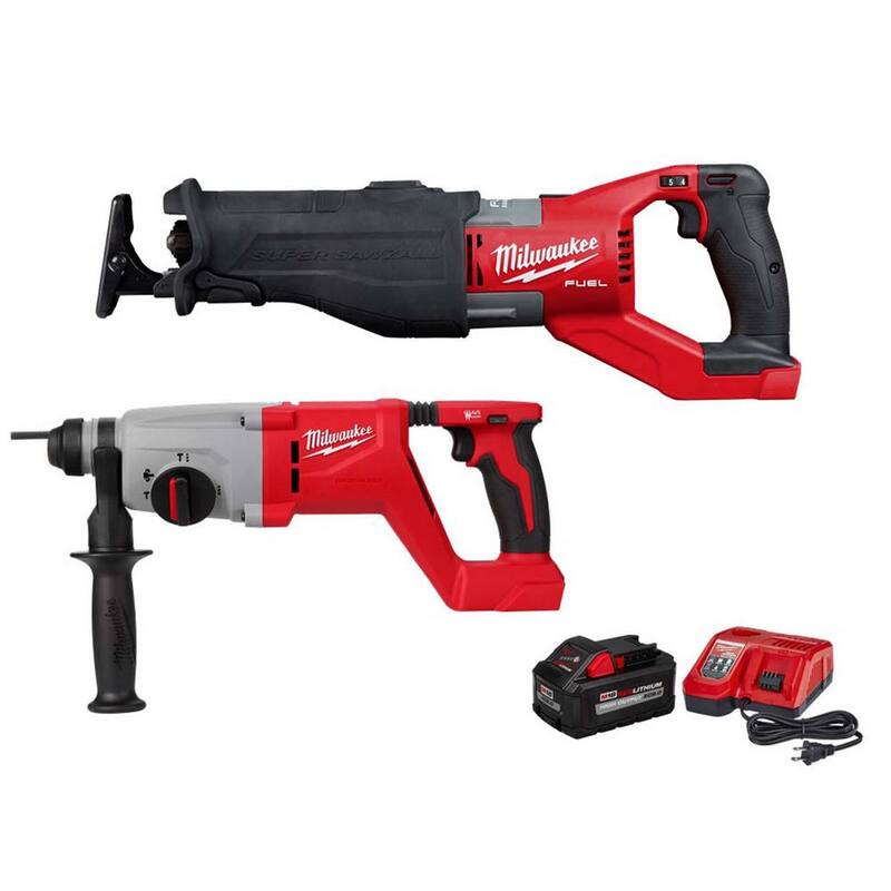 Milwaukee M18 FUEL Sierra sable inalámbrica sin escobillas de 18V de iones de litio con martillo rotativo SDS Plus de 1 pulgada y kit inicial de 8.0 Ah - 2722-20-2613-20-48-59-1880.