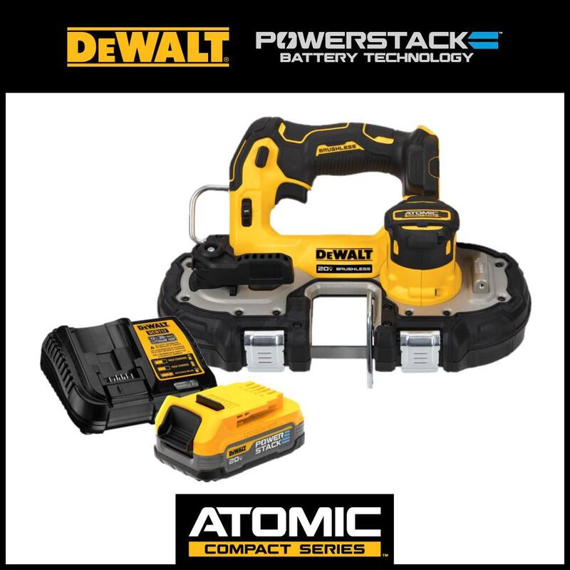 DEWALT ATOMIC 20V MAX Sierra de Cinta Compacta Inalámbrica sin Escobillas de 1-3/4 pulgadas y Kit de Inicio de Batería Compacta POWERSTACK de 20V - DCS377BWP034C