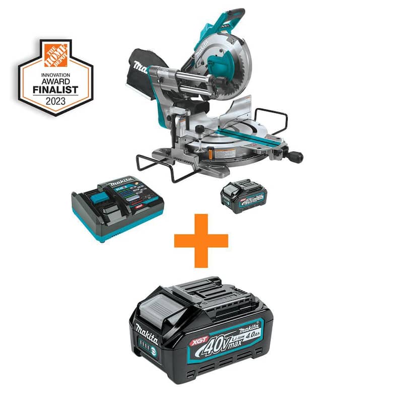 Sierra ingletadora compuesta deslizante de bisel doble inalámbrica sin escobillas Makita 40V máx XGT de 10 pulgadas, kit (4.0Ah) con batería 40V máx XGT 4.0Ah - GSL03M1-BL4040.