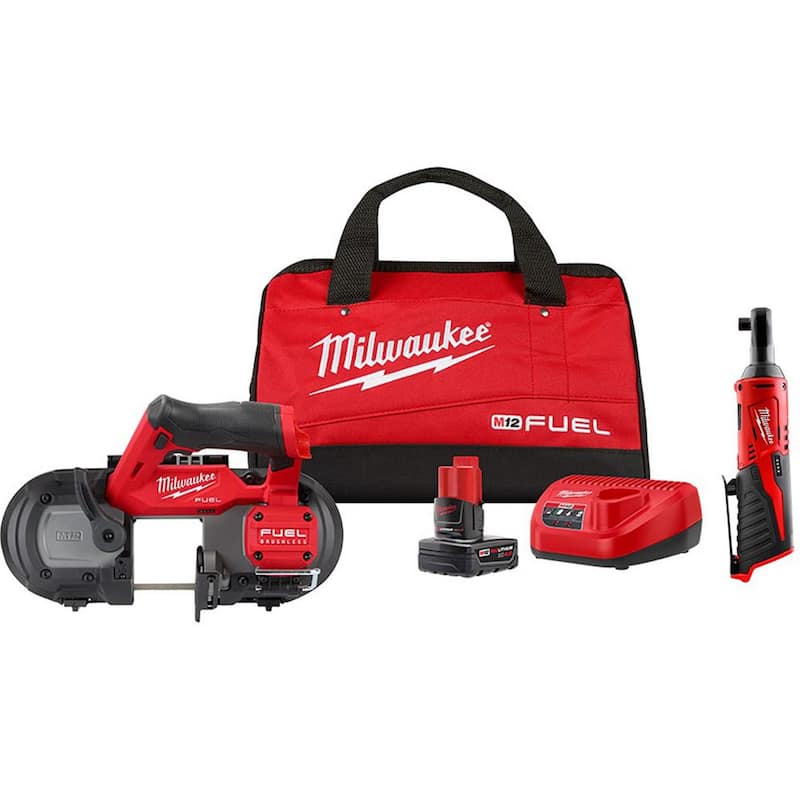 Milwaukee M12 FUEL Sierra de cinta compacta inalámbrica de 12V de ion de litio XC con kit de trinquete de 3/8 pulgadas - 2529-21XC-2457-20