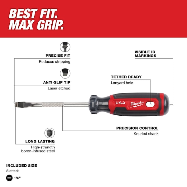 Milwaukee Tool 1/4 in. x 4 in. Slotted Cushion Grip Screwdriver (Made in USA) - MT206
