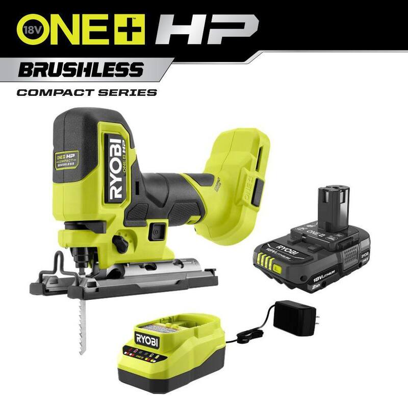RYOBI ONE+ HP 18V Sierra de calar compacta inalámbrica con motor sin escobillas y empuñadura tipo barril, kit con batería de 2.0 Ah y cargador - PSBJS01K1