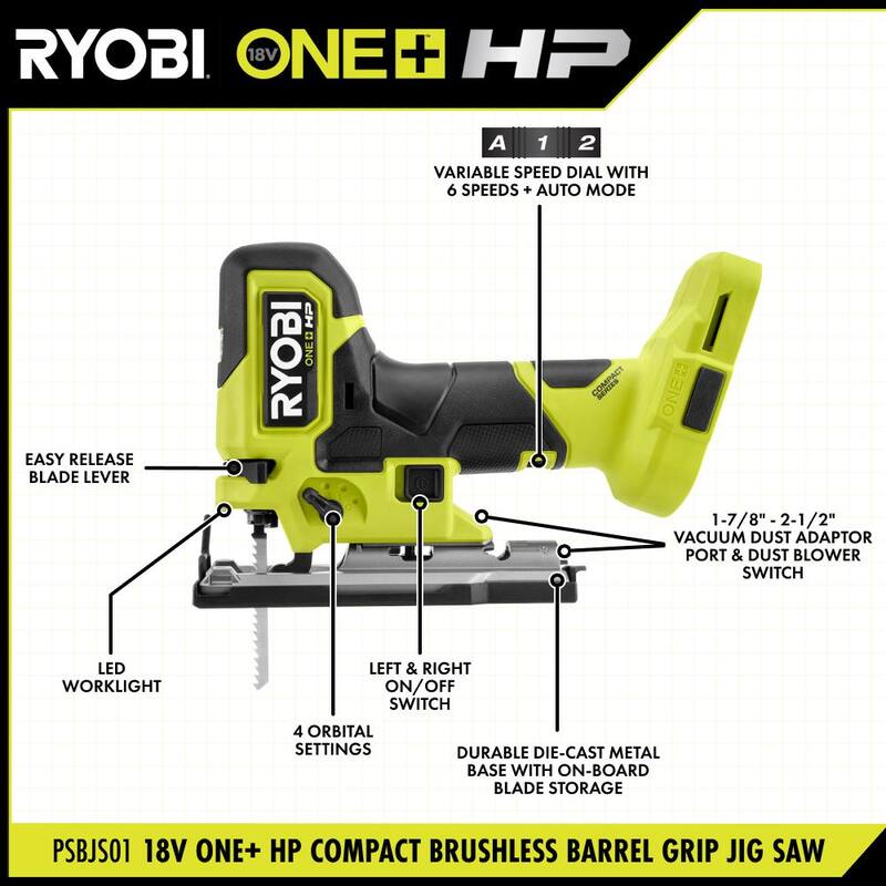RYOBI ONE+ HP 18V Sierra de calar compacta inalámbrica con motor sin escobillas y empuñadura tipo barril, kit con batería de 2.0 Ah y cargador - PSBJS01K1
