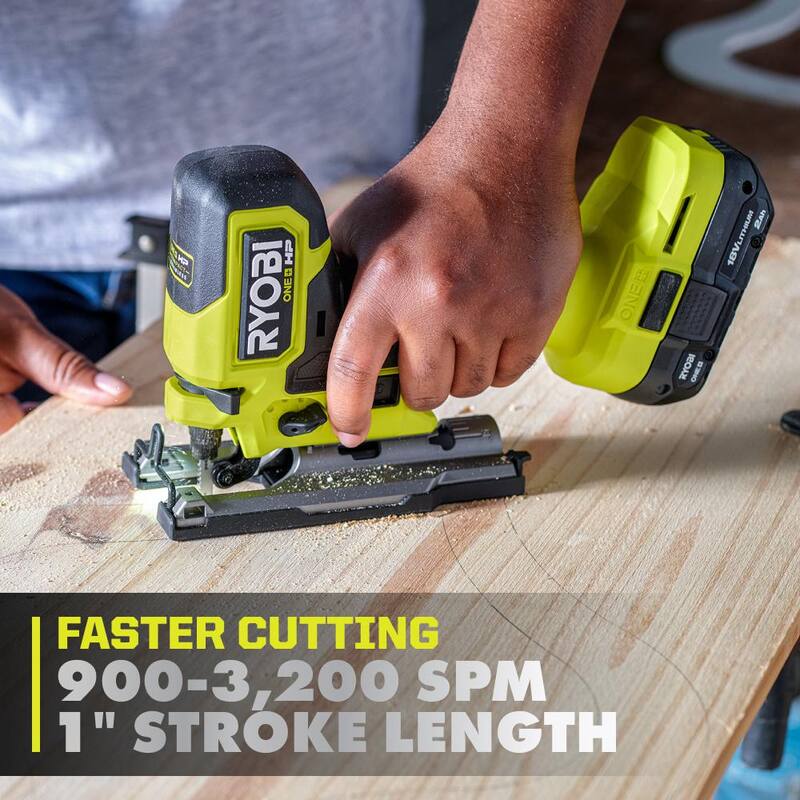 RYOBI ONE+ HP 18V Sierra de calar compacta inalámbrica con motor sin escobillas y empuñadura tipo barril, kit con batería de 2.0 Ah y cargador - PSBJS01K1