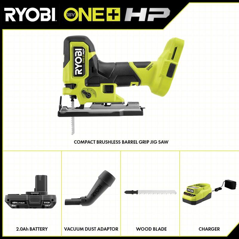 RYOBI ONE+ HP 18V Sierra de calar compacta inalámbrica con motor sin escobillas y empuñadura tipo barril, kit con batería de 2.0 Ah y cargador - PSBJS01K1