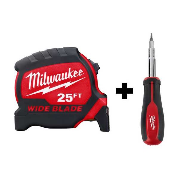 Milwaukee Tool Wide Blade Tape Measure, 25 ft and Screwdriver - 48-22-0225, 48-22-2761