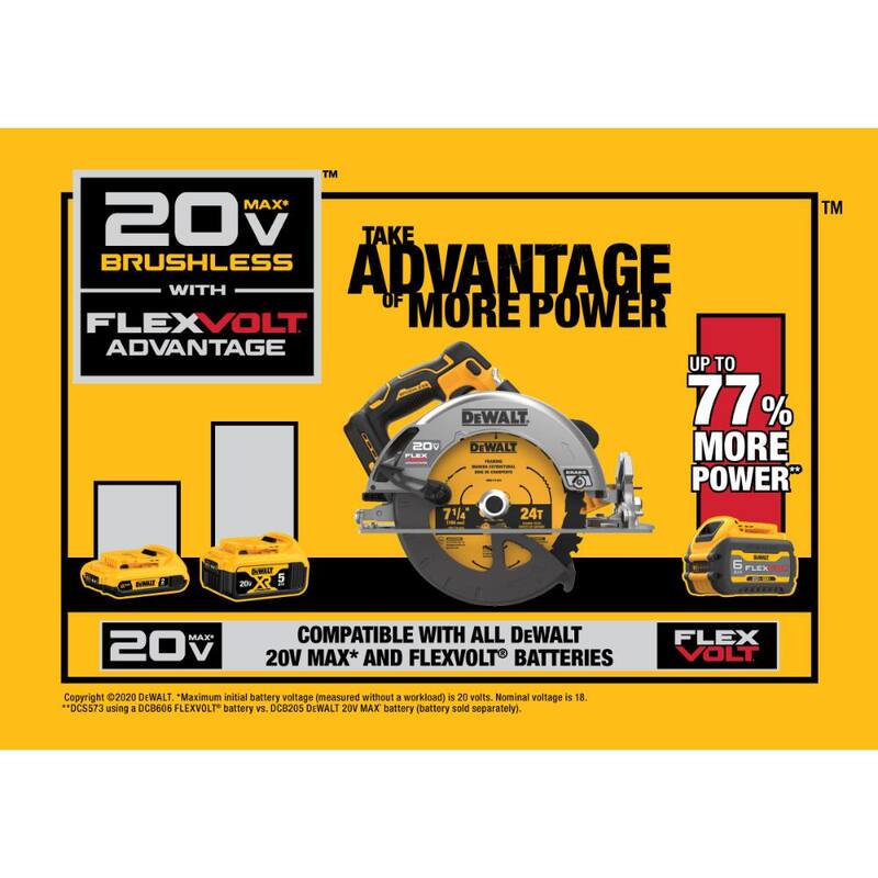 Sierra circular inalámbrica sin escobillas DEWALT 20V MAX de 7-1/4 pulgadas con tecnología FLEXVOLT Advantage y (1) batería FLEXVOLT 6.0Ah - DCS573BW606