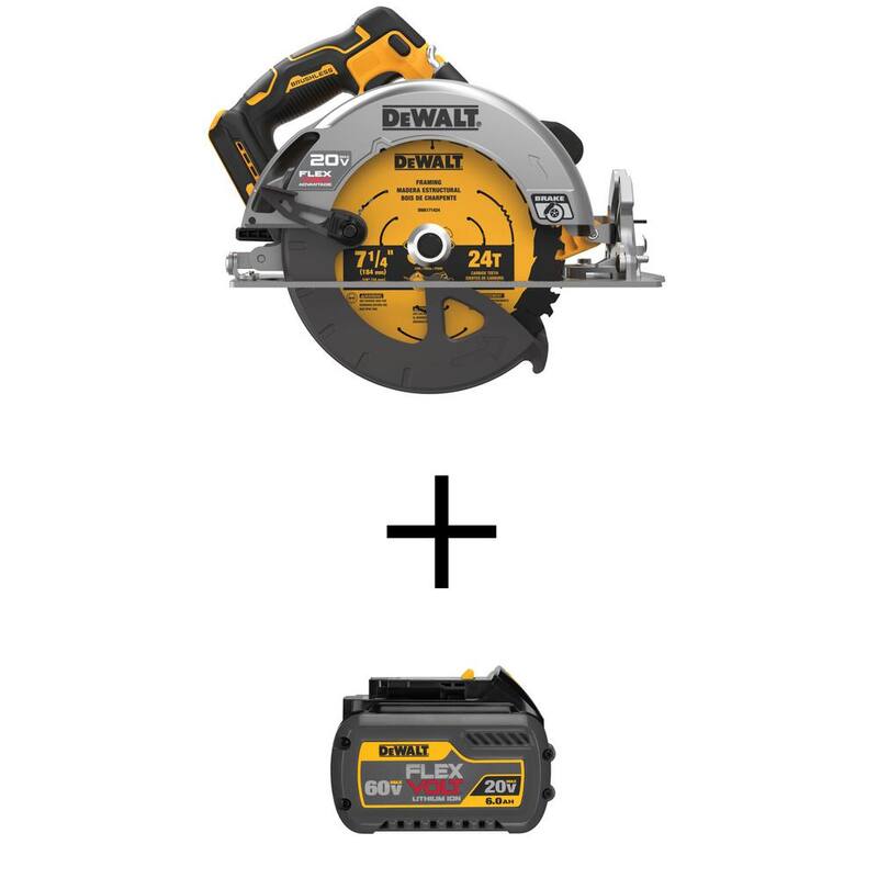Sierra circular inalámbrica sin escobillas DEWALT 20V MAX de 7-1/4 pulgadas con tecnología FLEXVOLT Advantage y (1) batería FLEXVOLT 6.0Ah - DCS573BW606