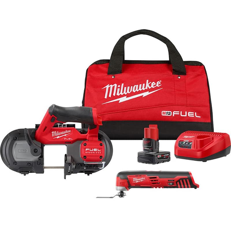 Sierra de cinta compacta sin cable Milwaukee M12 FUEL de 12V con batería de iones de litio XC Kit con herramienta multifuncional oscilante sin cable M12 de 12V de iones de litio - 2529-21XC-2426-20.