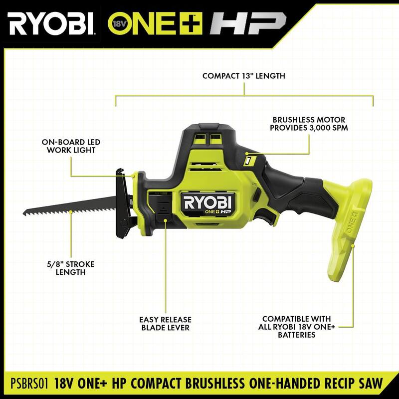 RYOBI ONE+ HP 18V Sierra reciprocante compacta inalámbrica sin escobillas de una mano con batería de iones de litio ONE+ 18V de 2.0 Ah - PSBRS01B-PBP006