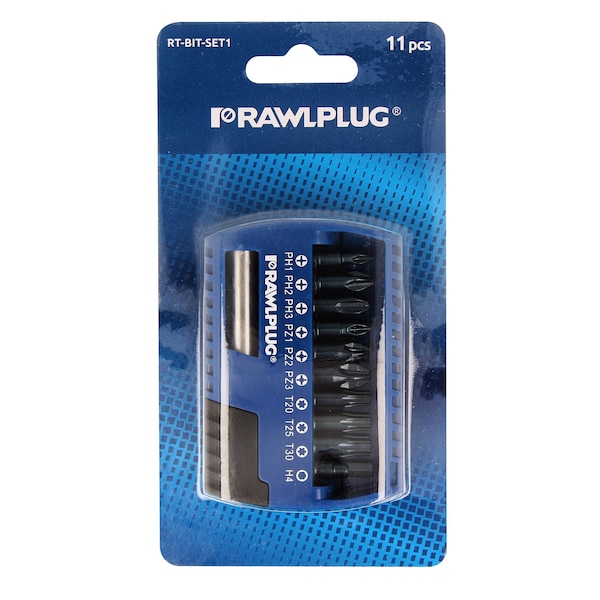 Rawlplug SCREWDRIVER BITS SET 25 MM + ADAPTER Size: PH1, PH2, PH3, PZ1, PZ2, PZ3, T20, T30, H4, ADAPTER 60 MM - RT0-BIT-SET1
