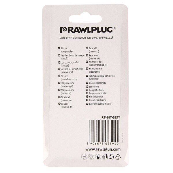 Rawlplug SCREWDRIVER BITS SET 25 MM + ADAPTER Size: PH1, PH2, PH3, PZ1, PZ2, PZ3, T20, T30, H4, ADAPTER 60 MM - RT0-BIT-SET1