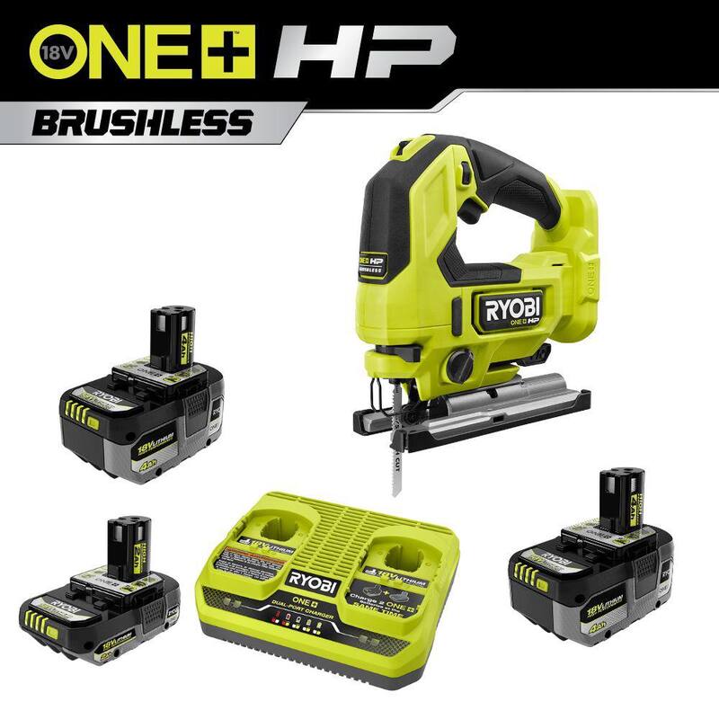 RYOBI ONE+ Kit de alto rendimiento de 18V con 2 baterías de 4.0 Ah, 1 batería de 2.0 Ah, cargador de 2 puertos y sierra de calar sin escobillas ONE+ HP - PSK023-PBLJS01B.
