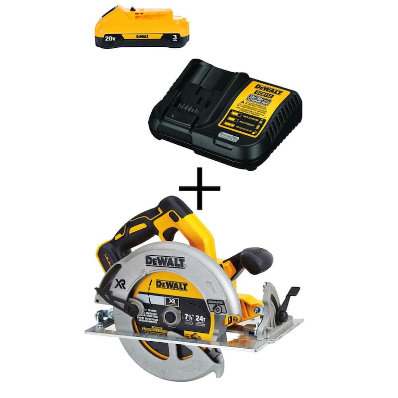 Sierra circular inalámbrica sin escobillas DEWALT 20V MAX XR de 7-1/4 pulgadas, (1) batería compacta de iones de litio de 20V 3.0Ah y cargador DCS570BW230C MAX de 12V-20V