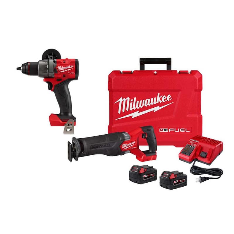 Sierra sable reciprocante inalámbrica Milwaukee M18 FUEL de 18 voltios con tecnología de iones de litio sin escobillas, junto con un taladro martillo FUEL de 1/2 pulgadas - 2821-22-2904-20.