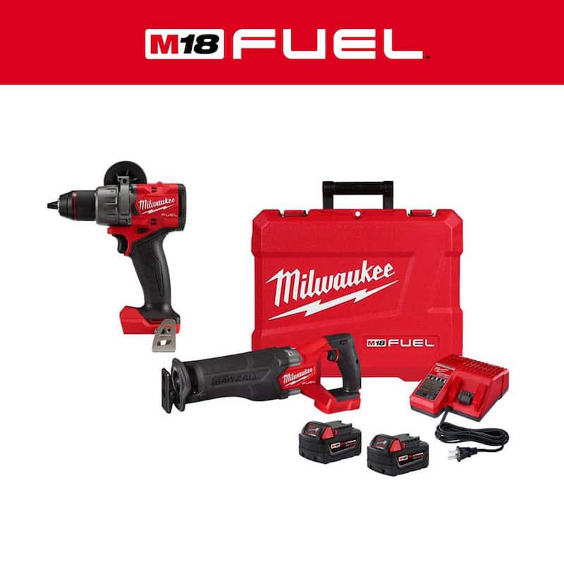 Sierra sable reciprocante inalámbrica Milwaukee M18 FUEL de 18 voltios con tecnología de iones de litio sin escobillas, junto con un taladro martillo FUEL de 1/2 pulgadas - 2821-22-2904-20.
