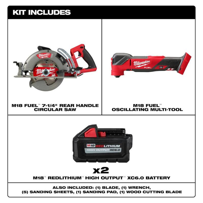Sierra circular inalámbrica Milwaukee M18 FUEL de 18V con mango trasero de 7-1/4 in. y batería de litio, con multifunción M18 FUEL y 2 baterías de alto rendimiento de 6.0Ah - 2830-20-2836-20-48-11-1862.