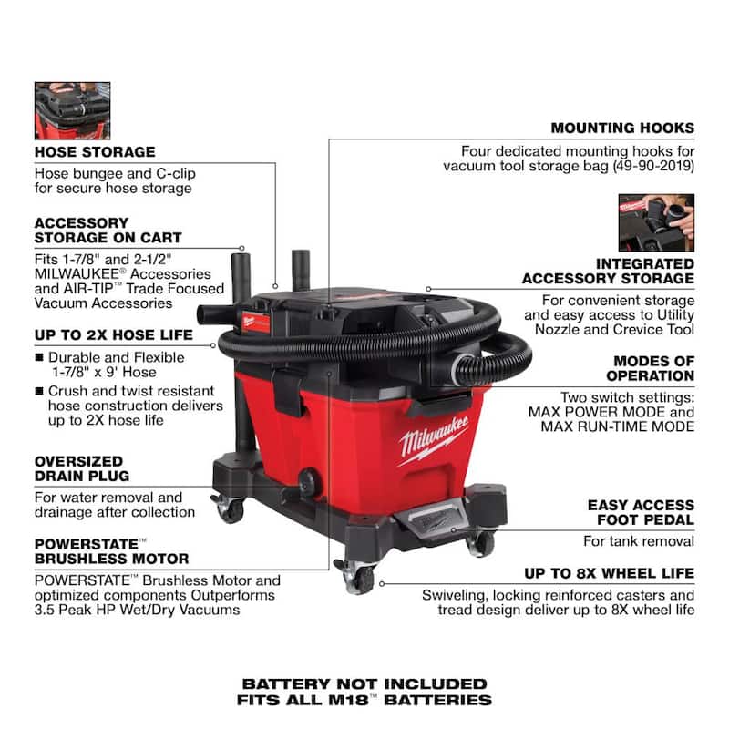 Sierra circular inalámbrica Milwaukee M18 FUEL 18V de ion de litio de 7-1/4 pulgadas con empuñadura trasera y aspiradora inalámbrica húmeda/seca de 6 galones M18 FUEL - 2830-20-0910-20.