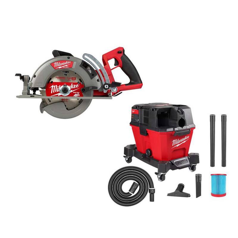 Sierra circular inalámbrica Milwaukee M18 FUEL 18V de ion de litio de 7-1/4 pulgadas con empuñadura trasera y aspiradora inalámbrica húmeda/seca de 6 galones M18 FUEL - 2830-20-0910-20.