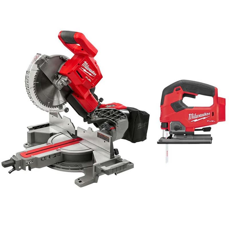 Sierra ingleteadora compuesta deslizante de bisel doble inalámbrica de litio-ion sin escobillas de 10 pulgadas Milwaukee M18 FUEL 18V con sierra de calar - 2734-20-2737-20.