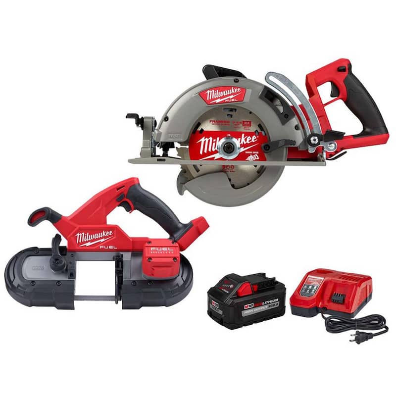 Sierra circular inalámbrica de 18V y 7-1/4 pulgadas con mango trasero Milwaukee M18 FUEL de ión de litio con sierra de banda compacta y kit de inicio de 8.0ah - 2830-20-2829-20-48-59-1880