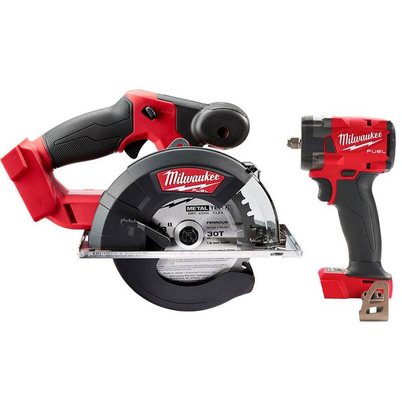 Sierra circular inalámbrica Milwaukee M18 FUEL 18V Li-Ion sin escobillas para corte de metal de 5-3/8 pulgadas con hoja de metal y llave de impacto de 3/8 pulgadas - 2782-20-2854-20.