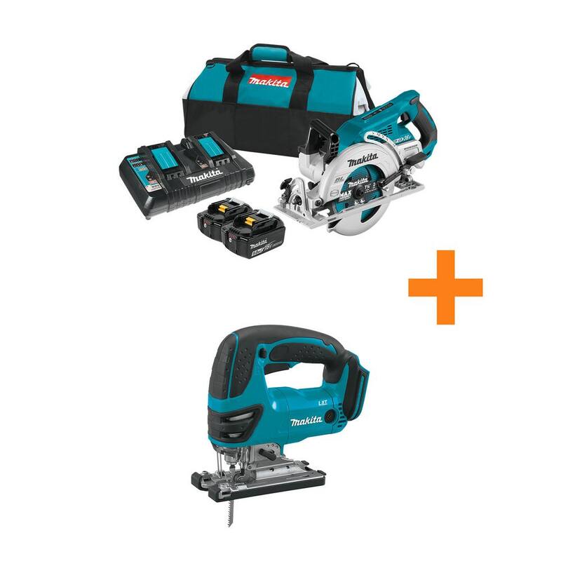 Sierra circular Makita de 7-1/4 pulgadas inalámbrica sin escobillas de mango trasero 18V X2 LXT 5.0Ah (36V) con kit de sierra de calar 18V LXT de regalo - XSR01PT-XVJ03Z