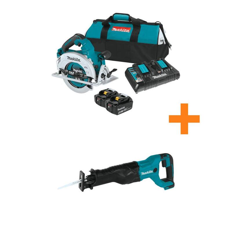 Kit de sierra circular Makita 18V X2 LXT (36V) Brushless de 7-1/4 pulgadas con batería 5.0Ah, incluye sierra reciprocante 18V LXT - XSH06PT-XRJ04Z.