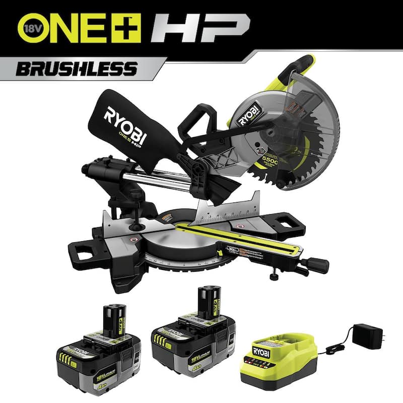 RYOBI ONE+ HP 18V Sierra ingleteadora compuesta deslizante inalámbrica sin escobillas de 10 pulgadas con kit de (2) baterías de alto rendimiento de 4.0 Ah y cargador - PBLMS01K-PBP004