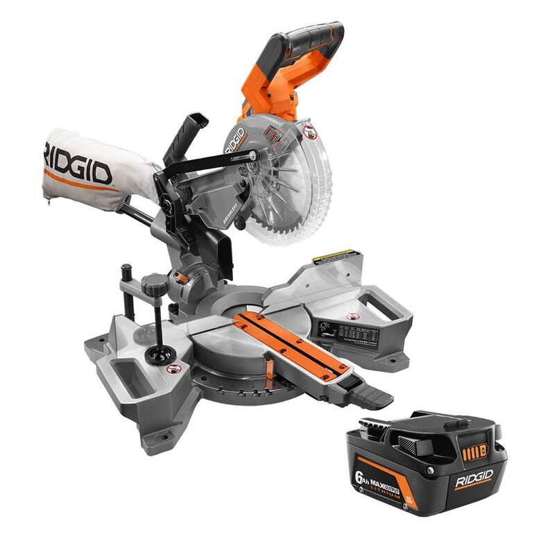 Sierra ingletadora deslizante de doble bisel con motor sin escobillas RIDGID 18V inalámbrica de 7-1/4 pulgadas con batería de iones de litio de salida máxima de 6.0 Ah - R48607B-AC840060.