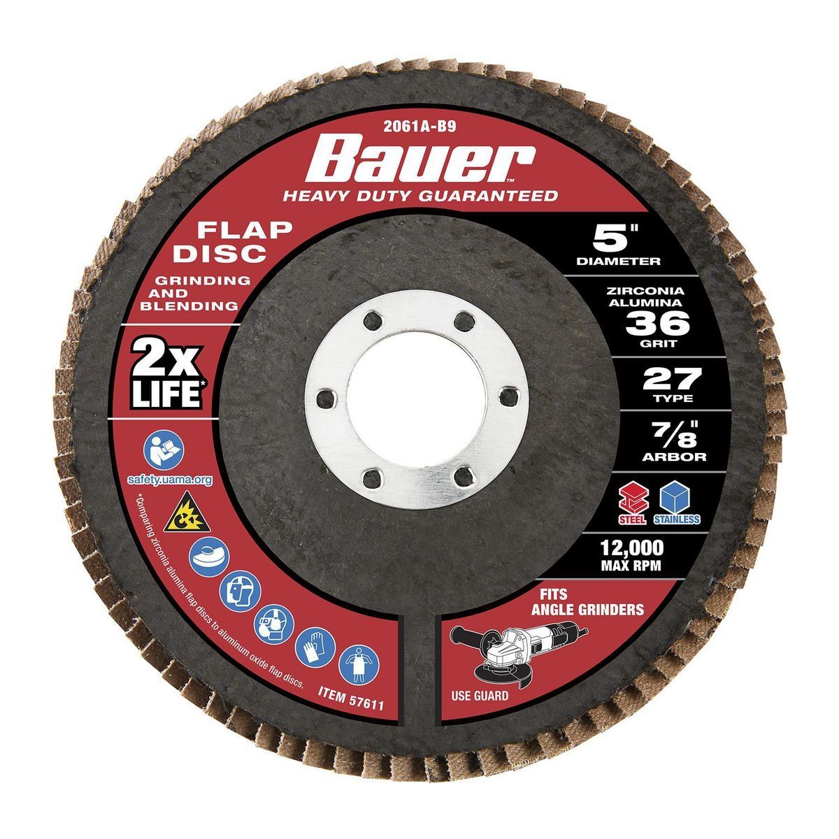 Disco Abanico Bauer de 5 pulg. x 7/8 pulg. con 36 granos tipo 27 con respaldo de fibra de vidrio y grano de circonio - 57611