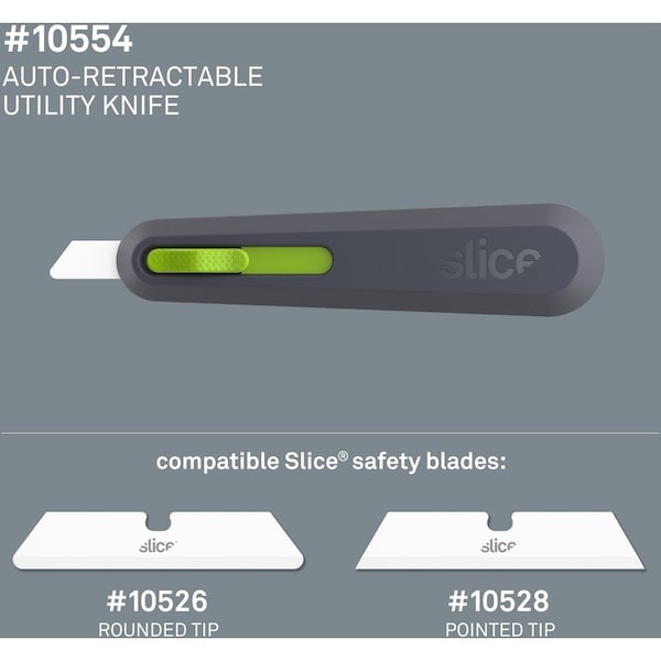 Slice Utility Knife, Auto-Retract, 9/10"Wx6-1/10"Lx1-2/5"H, GYGN - SLI10554