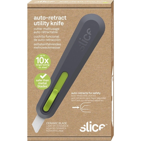 Slice Utility Knife, Auto-Retract, 9/10"Wx6-1/10"Lx1-2/5"H, GYGN - SLI10554
